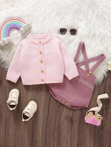 两件套幼儿针织毛衣套装，休闲简约圆领长袖开衫和背带裤 - 粉色 - 查看 3