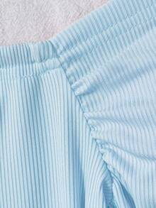 Sparklyn 2pcs/Set Tween GirlsOblique Shoulder Ribbed Fitted Long Sleeve Top + Straight Leg Pants Outfit - Blue - View 6