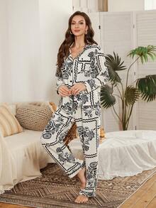 Serenescape Women's Casual Floral Print Lapel Long Sleeve Pajama Set With Pants, Black Pajama Sets For Women Long Sleeve Sleep Wear Women 2 Piece Set - Apricot - View 6