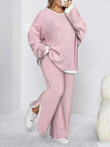 SHEIN CURVE+ 2 件套加大码撞色边罗纹针织圆领长袖上衣和开衩长裤，女士冬装 - 淺粉色 - 查看 6