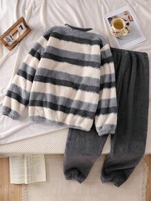 Teen Boys Gray White Striped Fleece Loungewear Set,Round Neck Long Sleeve 2-Piece Combo,Autumn Winter New Year Holiday Essential Social Media Style - Grey - View 2