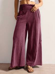 Bohemela Women's Casual Solid Color Knit Loose Wide Leg Washed Pants - Burgundy - View 6