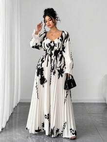 SHEIN Elenzya Plus Size Women's Fashion Positioning Print Rhinestone Collar Long Sleeve Dress - Multicolor - View 4