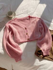 SHEIN EZwear Women Spring Daily Solid Color Long Sleeve Cardigan,Knitted Sweater In Fall/Winter - Baby Pink - View 7