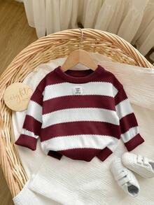 SHEIN Babygirl 休闲条纹长袖毛衣，百搭秋冬 - 酒紅色 - 查看 6