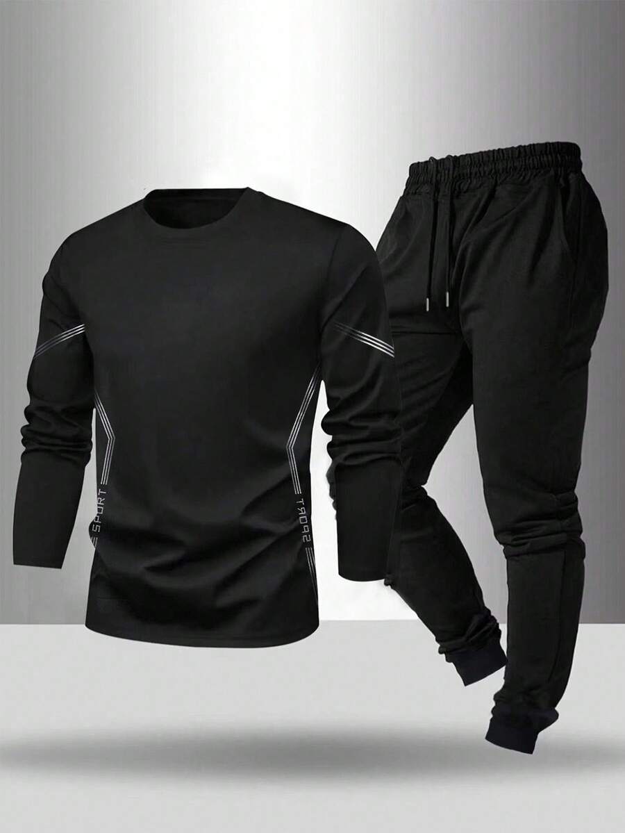 Gym Rark Men's Sports Suit, Long Sleeve Long Pants, Outdoor, Running Gym Set Workout Set - Black - View 1