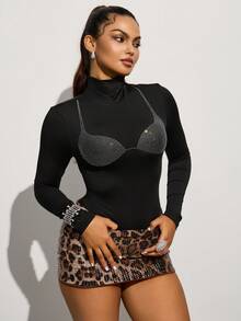 INAWLY Solva Fashionable Rhinestone Embellished Turtleneck Bodysuit For Women - Black - View 5