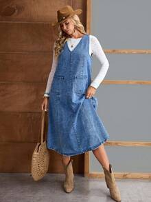 EMERY ROSE Váy liền quần denim thiết kế túi rộng thoải mái cho nữ, mùa thu - Màu xanh lam - Xem 7