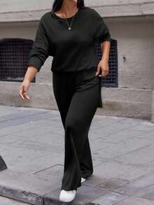 Cotton Plus Drop Shoulder Split Hem Tee & Pants - Black - View 3