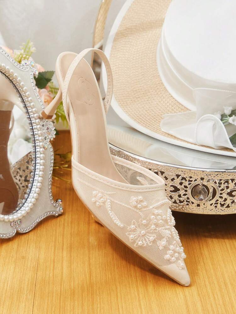 CUCCOO HITCHD Women's Pointed Toe Faux Pearl Flower Decor Elegant High Heels For Christmas Valentine's Day Elegant Shoes Wedding Shoes Summer Shoes Bride Shoes