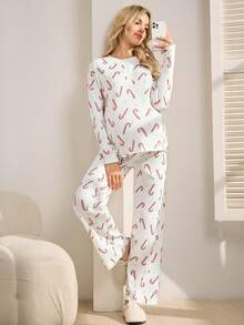 SHEIN 2pcs/Set Maternity Comfortable Breathable Full Print Crew Neck Long Sleeve Set - White - View 2