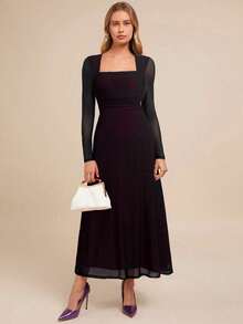 Amorya 女士优雅方领长袖A字连衣裙，紫色，适合派对、秋冬季穿着 - 彩色 - 查看 4