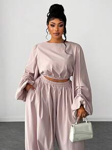 Maweii Bộ 2 món áo và quần trơn màu thường ngày cỡ lớn dành cho nữ - Màu Hồng baby - Xem 2