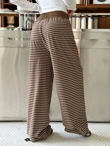 Muchica Women's Brown Striped Knit Casual Loose Sweatpants For Going Out Outfits, Back To School, Streetwear, Stripe Pants, Women Wide Leg Pants - Brown - View 2