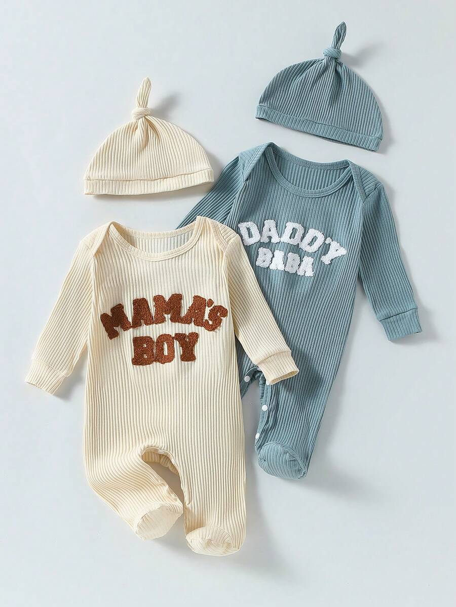 White,Autumn,Casual,Graphic,Family Matching 2 Pack Newborn Baby Pajamas Ribbed Long Sleeve Footed Romper With Hat Set MAMAS BOY DADDYS GIRL Slogan - Multicolor - View 1