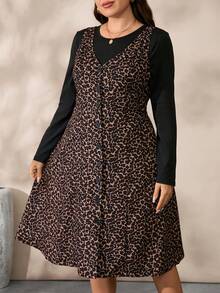 EMERY ROSE Long Leopard Print Woven Fabric Sleeveless V Neck Plus Size Co-Ord Set For Women - Brown - View 5
