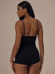 MUSERA ESSENTIALS Pointelle Triangle Adjustable Strap Cami Top With Picot Trim Fitted Boy Shorts Two Piece Set Fall Autumn Winter  Cosy Lounge Underwear Lingerie Everyday Basics Essential Valentines Spring Summer - Black - View 4