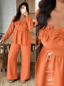 Weeklong 2pcs Plus Size Women Square Collar Ruffle Hem Floral Decor Shirt And Wide Leg Pants Set - Orange - View 1