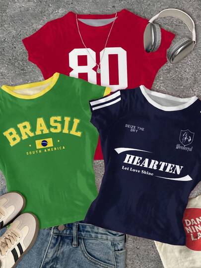 SHEIN 3 件套青少年女孩休闲简约圆领短袖高腰短款常规 T 恤，适合夏季