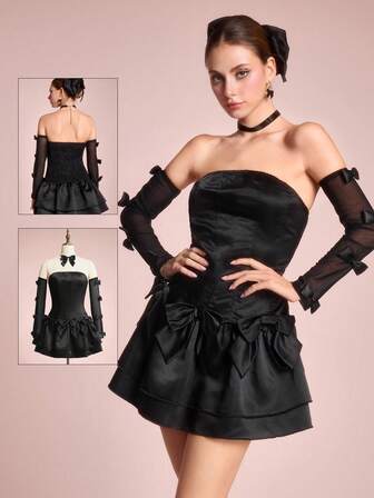 ROMWE Avant Abito mini retrò da donna in raso sexy con fiocco, senza maniche