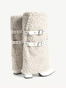 CUCCOO CHICEST Women's Pointed Toe Buckle Design Faux Fur Tall Boots For Christmas - White - View 10