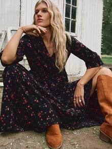 Freevana 女士度假黑色碎花衬衫裙，宽松七分袖连衣裙，休闲秋冬连衣裙