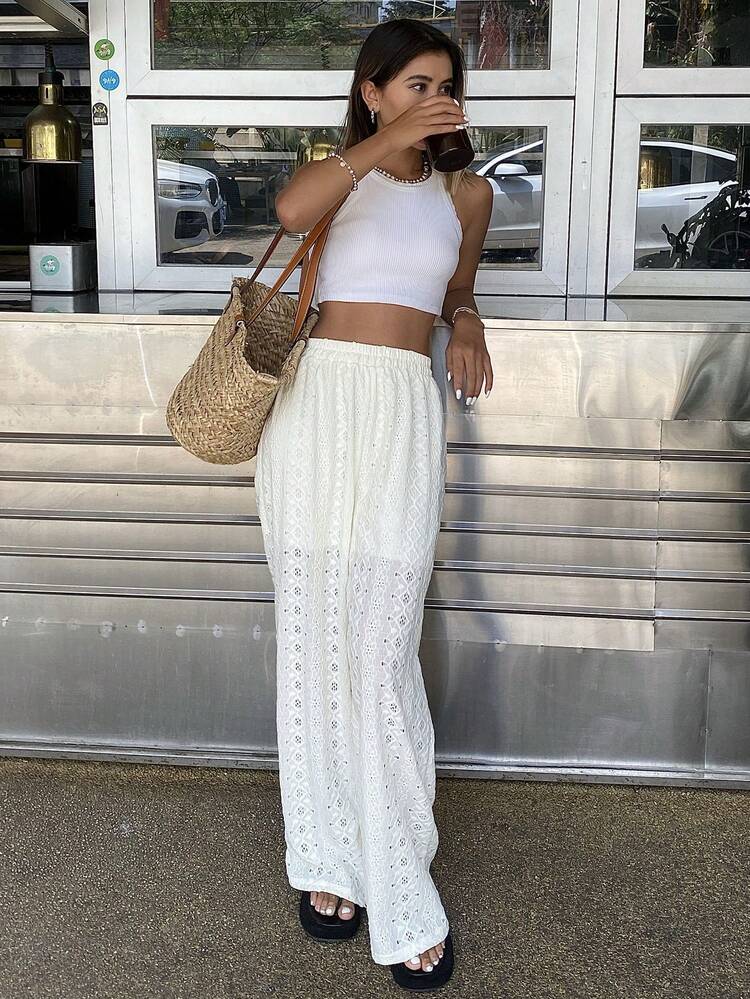 Women's Lace Embroidery Textured Fabric Extra Long Pants, Vacation Style