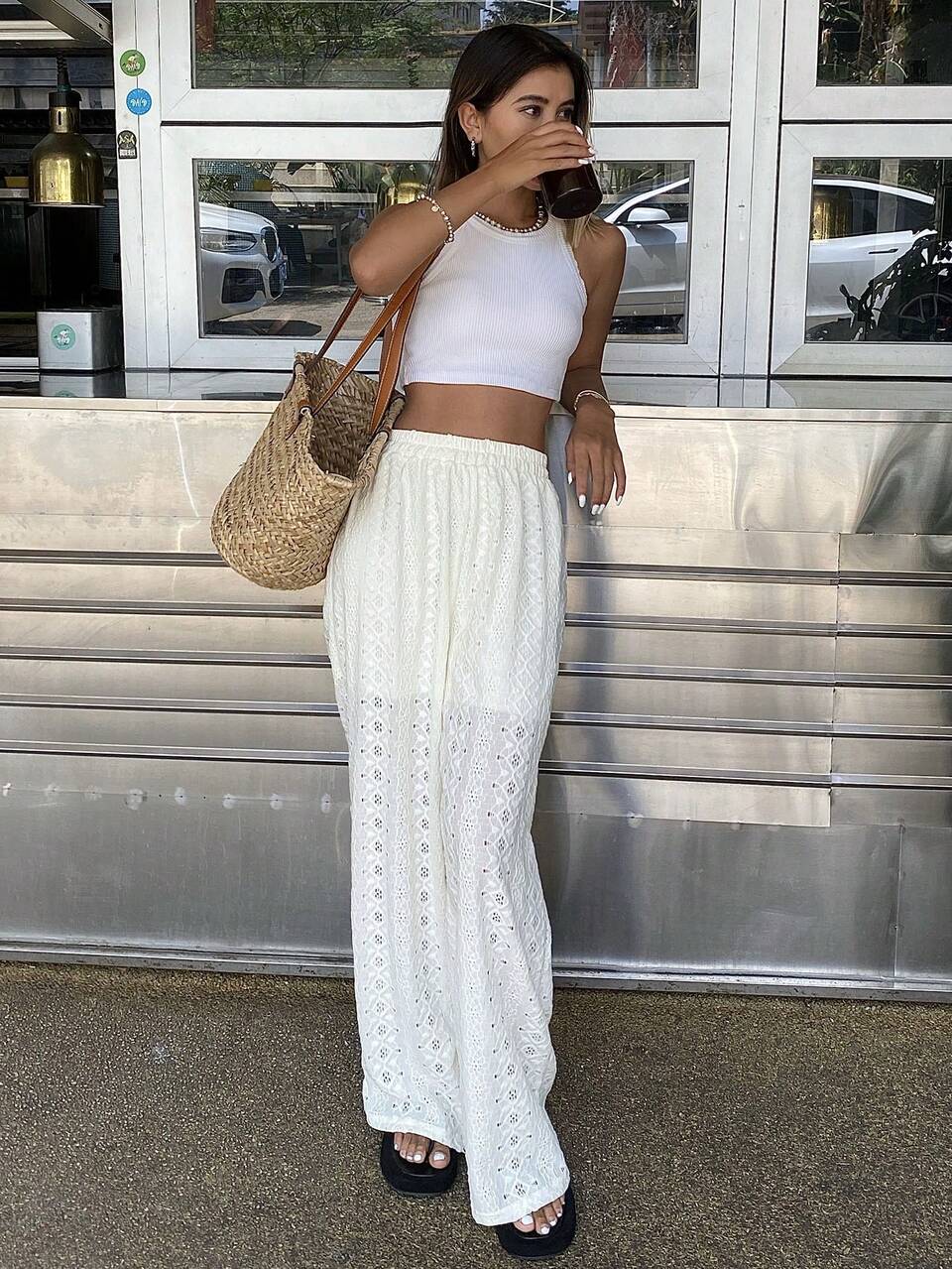 Women's Lace Embroidery Textured Fabric Extra Long Pants, Vacation Style, Tall Women Beach White Autumn Boho