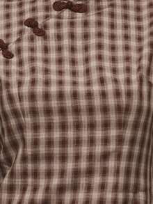 Nöista Spring Break Outfits Dress Features A Retro, Neo-Chinese Style, A Cheongsam Silhouette, A Stand Up Collar, A Slanted Lapel, HandMade Button Detailing. The Buttons Are A Bright, Creating A Striking Contrast Against The Checke Background, Adding A Visual Focal Point, A Touch Of Chinese Flair. The Slim Fit Emphasizes The Woman's Curves. The High Side Slit, Diagonal Rows Of Buttons Create A Playful, Lively Effect. - Coffee Brown - View 8