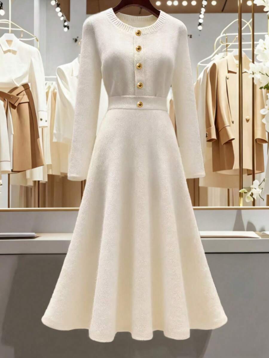 GlowEve Cardigan col rond à manches longues avec boutons métalliques pour femmes, robe pull en tricot de couleur unie de style français ajustée, polyvalente pour un port quotidien, automne/hiver - Blanc - Voir 1