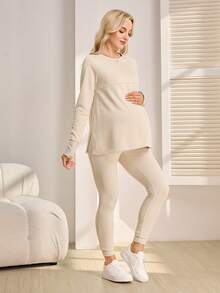 SHEIN 2 piezas Conjunto de enfermería - Top de manga larga de cuello redondo de unicolor y pantalones largos - Caqui - Ver 3