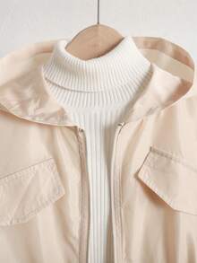 SHEIN Tween Girl Solid Color Drawstring Hooded Casual Jacket, With Drawstring Waist, Suitable For Autumn/Winter, Cute Jacket, Jacket For Teen Girl, Jackets For Girls Spring, Coats For Girls - Khaki - View 8