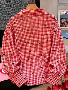 INAWLY Women's Plaid Heart Print Long Sleeve Single-Breasted Casual Shirt - Multicolor - View 2