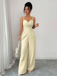Elenzga Damen einfarbiger Spaghetti-Träger gekreuzter Wickel-ärmelloser plissierter eleganter einfarbiger Jumpsuit mit geraffter Taille - Aprikosenfarben - Übersicht 6