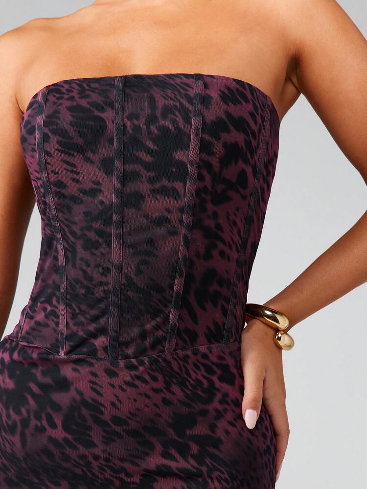 MISSGUIDED Animal Print Mesh Strapless Corset Style Bodycon Midi Dress With Ruched Details