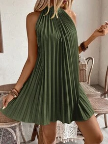 Breezaya Halter Off-Shoulder  Pleated Holiday Casual Dress For New Year Clothes Vacation Beach Outfits Women - Army Green - View 6