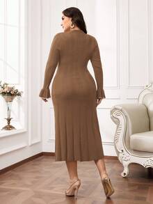 Modelyn Plus Size Elegant Bell Sleeve Knit Dress, Suitable For Commuting In Fall/Winter - Camel - View 3
