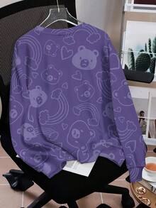 SHEIN X Care Bears 女士休闲紫色云朵、星星和字母印花圆领长袖运动衫，秋冬舒适穿着 - 白色 - 查看 2