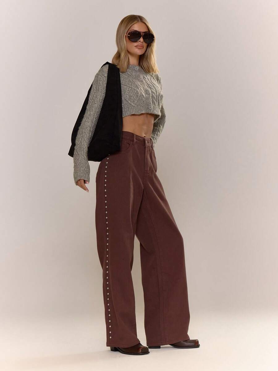 MUSERA Jeans de pierna ancha para mujer, jeans de mezclilla para otoño, invierno, primavera y verano, para uso diario, trabajo y vacaciones - Marrón - Ver 1