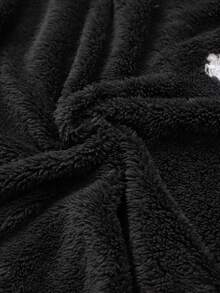 Teenage Boys' Solid Dark Grey Fleece Long Sleeve Top And Pants Set, Minimalist White Embroidered Casual Pajama Loungewear Set