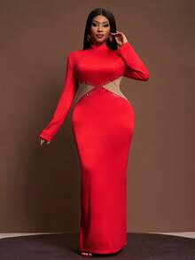 Slaydiva Váy liền thân dài tay khoét lỗ đính đá trang trí màu đỏ trơn cỡ lớn 2025 dành cho nữ mùa đông, thích hợp làm váy Giáng sinh/váy năm mới/váy dự tiệc/váy thanh lịch cho nữ/váy lấp lánh/trang phục Lễ Tạ ơn cho nữ/váy đỏ - Đỏ - Xem 4