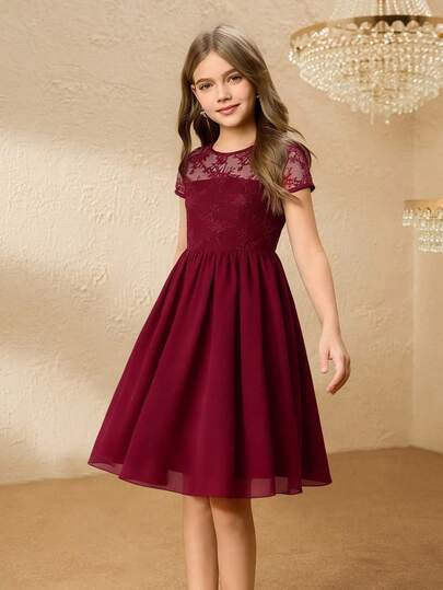 Girls' Elegant Minimalist Fashion Elegant Round Neck Dress, Lace Chiffon Fabric Flowy & Comfortable, Gathered Waist Mid-Length Solid Wine Red Dress, Suitable For Girls Everyday Wear And Formal Occasions Burgundy Junior Bridesmaid Dress Teen Girls Elegant Dress Tween Girl Church Dress Elegant Dresses For Tweens Burgundy Young Girls Formal Dress