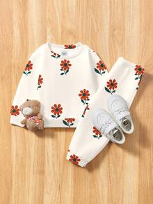 Conjunto de roupa infantil para menina, modelo suéter de malha macia com gola redonda e modelagem solta, ideal para outono/inverno, com estampa floral clássica e delicada. - Multicolorido - Ver 2