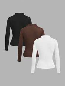 SHEIN LUNE 3pcs/Set Autumn/Winter Casual Solid Color & Leopard Print Tight Fit Base Layer T-Shirts - Multicolor - View 11