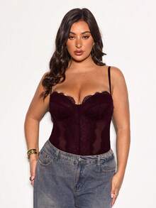 SHEIN BAE 夏季海滩度假大码服装 节日服装 派对聚会、约会旅行、外出、音乐节服装、演唱会服装、乡村音乐节服装，女士吊带蕾丝拼接黑色紧身胸衣性感新年连体衣，新年女士服装，女士紧身胸衣 - 紫紅色 - 查看 5