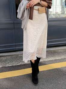 DAZY Chân váy chữ A phối ren hoa thanh lịch dành cho nữ, thích hợp cho mùa xuân. - Màu be - Xem 9