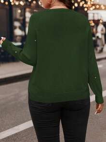 SHEIN LUNE Áo len dài tay đính đá lấp lánh dành cho nữ cỡ lớn, thích hợp cho mùa thu/lễ hội. - xanh quân đội - Xem 2