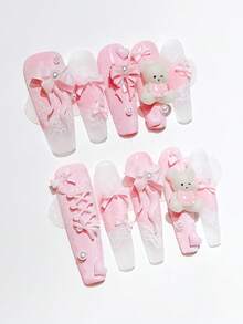 ROMWE Anime 10pcs Y2K Cute Heart, Star, Bow, Wing Nail Art Stickers With Tape - Pink - View 3