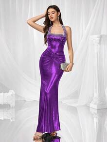 Coutiva Women's Rhinestone & Faux Pearl Decor Ruched Formal Evening Gown,Elegant Purple Velvet Sequin Floral Dress For Wedding,Dinner Party & Graduation Ball - Purple - View 4