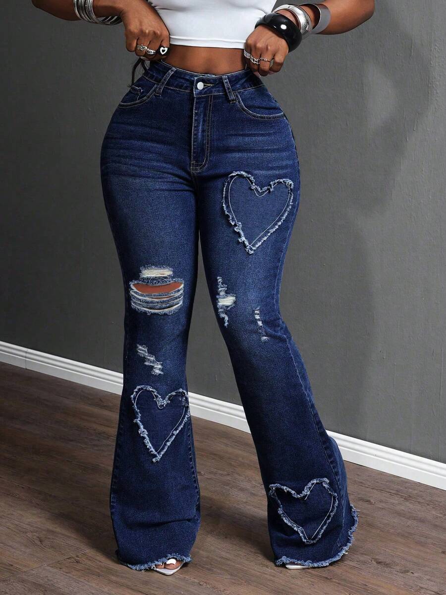 Slaydiva Plus Size Women Cowgirl Style Blue Stretch Heart Embroidered Distressed Flare Jeans, Spring - Dark Wash - View 1